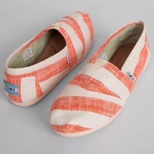 TOMS 11 Coral White Stripe Canvas Slip On Flats